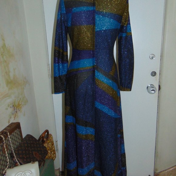 Englands " Mary Wilson" Vintage 70's Maxi Sexy Metallic Dress M Studio 54 Blue - Picture 6 of 12